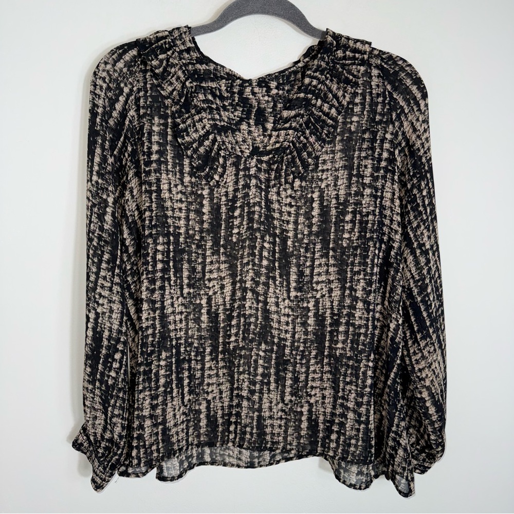 Rich & Royal 100% Silk Blouse-Tan Black-Ruffle Neckline-Long Sleeves-Medium